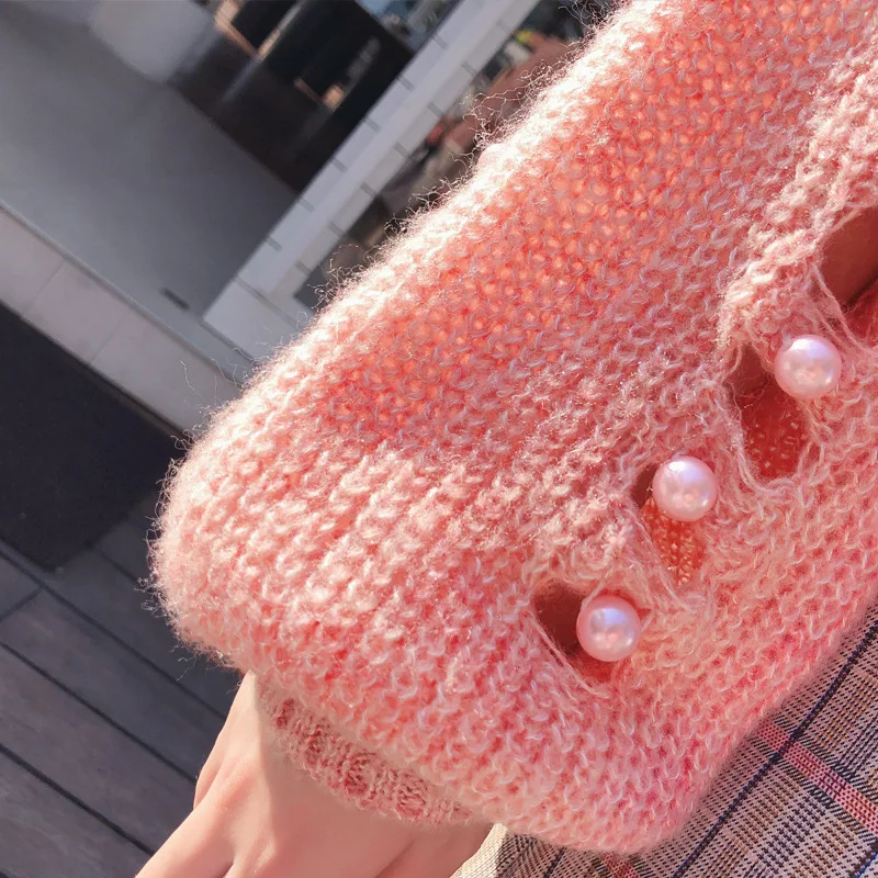 Ubei Fahion Baggy bubble sleeves broken holes beads plain color loose knitted sweater fashion pullovers | Женская одежда