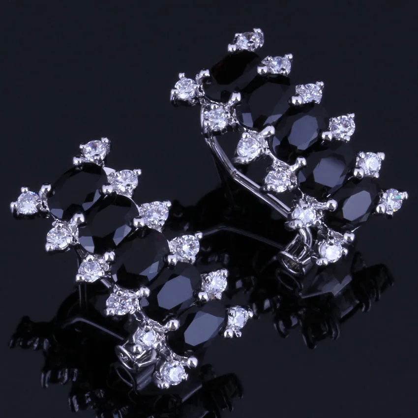 

Flawless Rectangle Black Cubic Zirconia White CZ Silver Plated Clip Hoop Huggie Earrings V0914