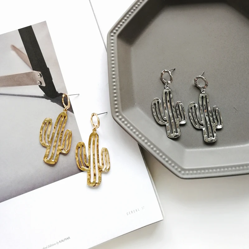 European American Style Gold And Rhodium Plating Hollowed-out Cactus Long Earrings For Woman Jewelry