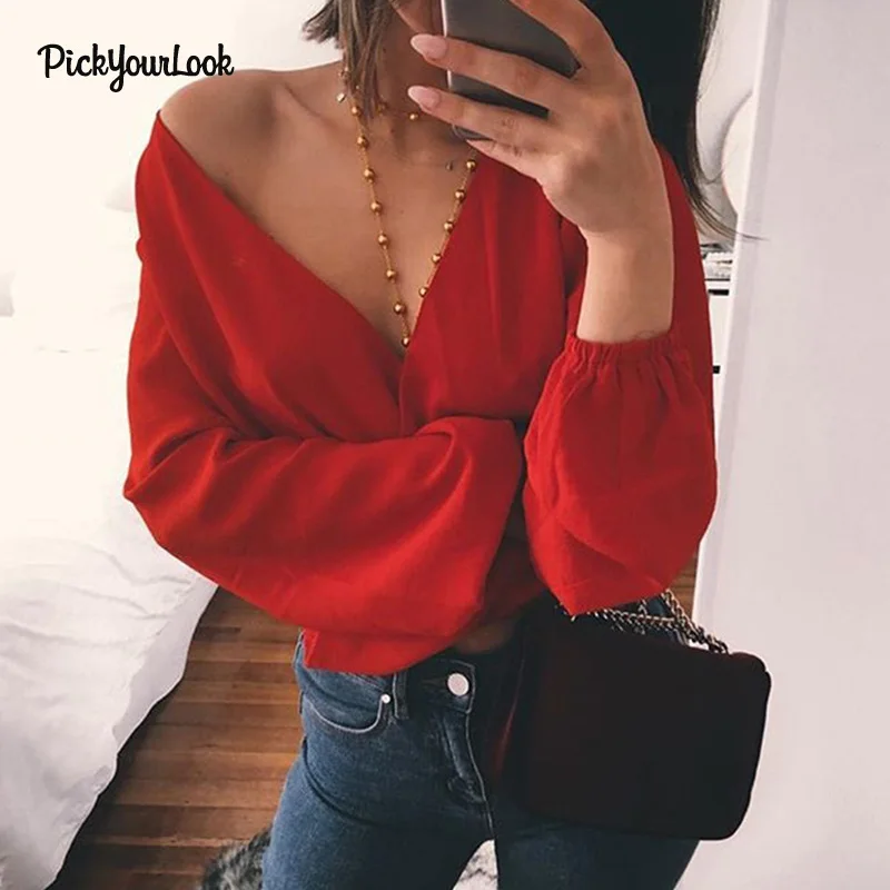 Pickyourlook/Женские топы и блузки, сексуальная женская рубашка с глубоким v-образным вырезом, с длинным рукавом, с открытой спиной, с поясом, женские блузки, Femme Camicette