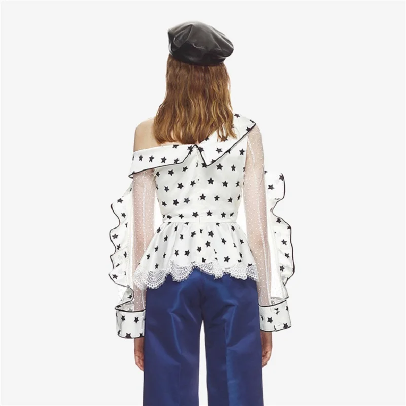 Элегантный тонкий 2018 летнее богемное с плеча оборками рубашка блузка черный