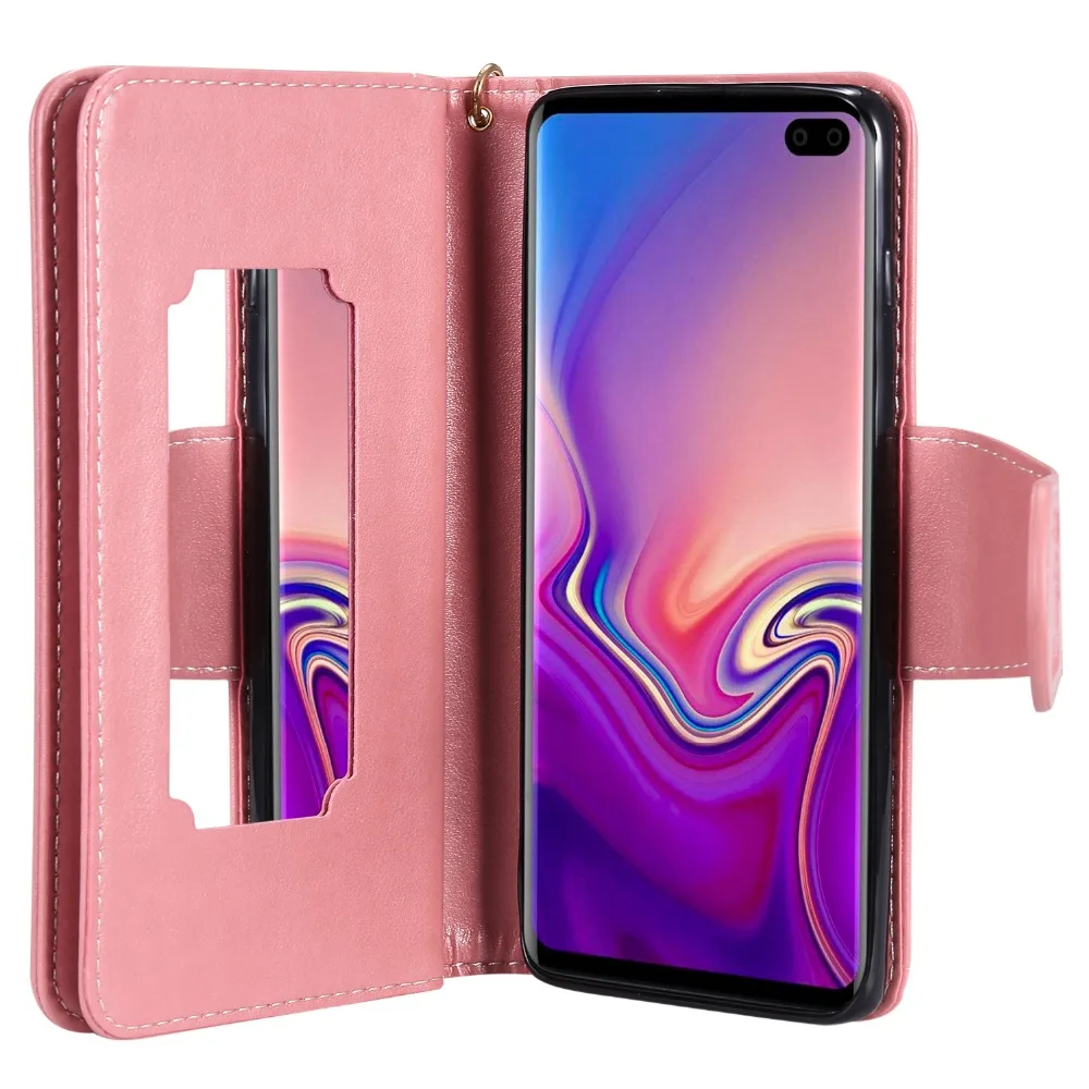 Card Slot Mirror Beautiful girl and cute cat case for Samsung Galaxy S10 plus Leather Beauty Female Handbag phone cases Coque |