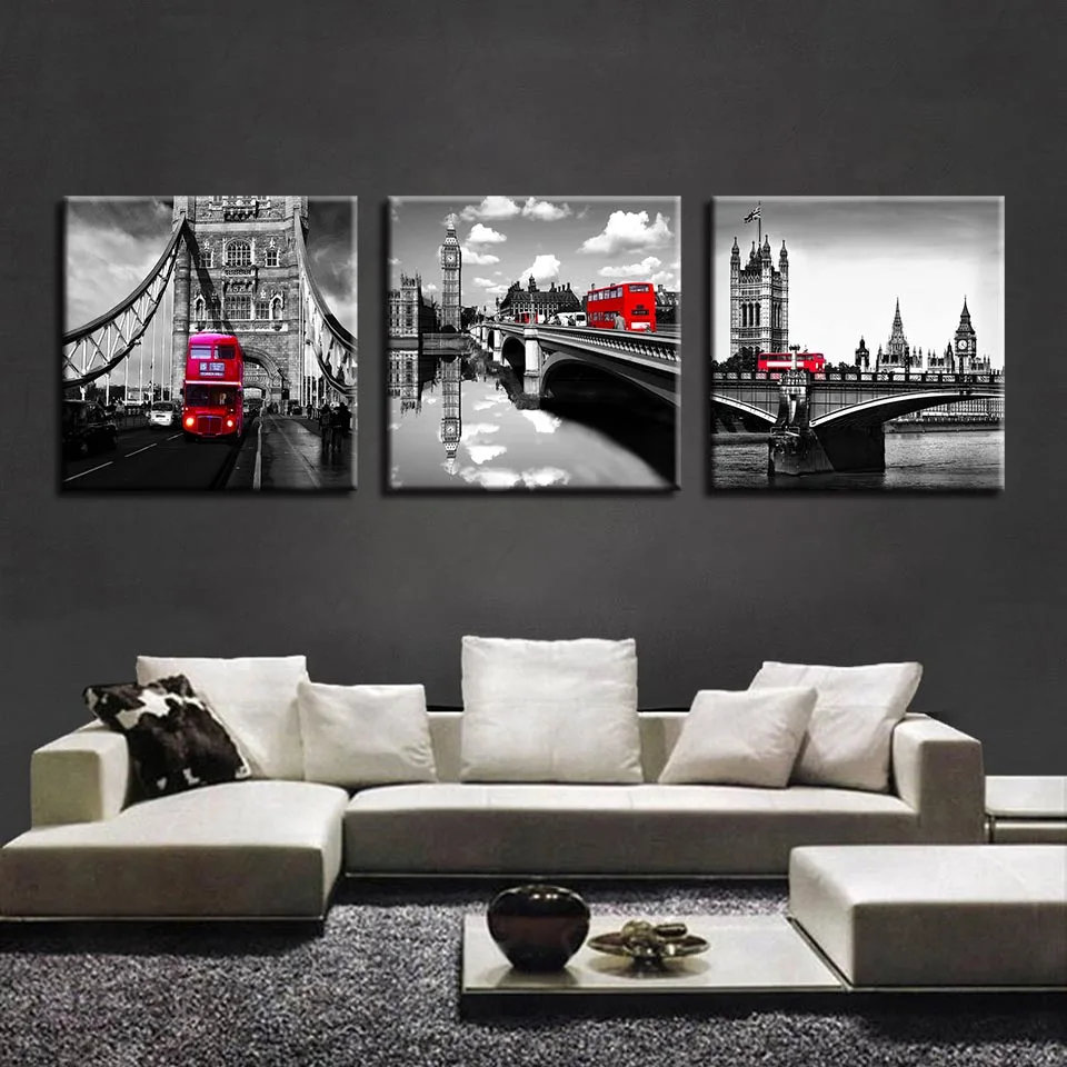 

Canvas Pictures For Living Room Wall Art Prints 3 Pieces London Bridge Tower Paintings Red Car Bus Posters Home Decor Framework
