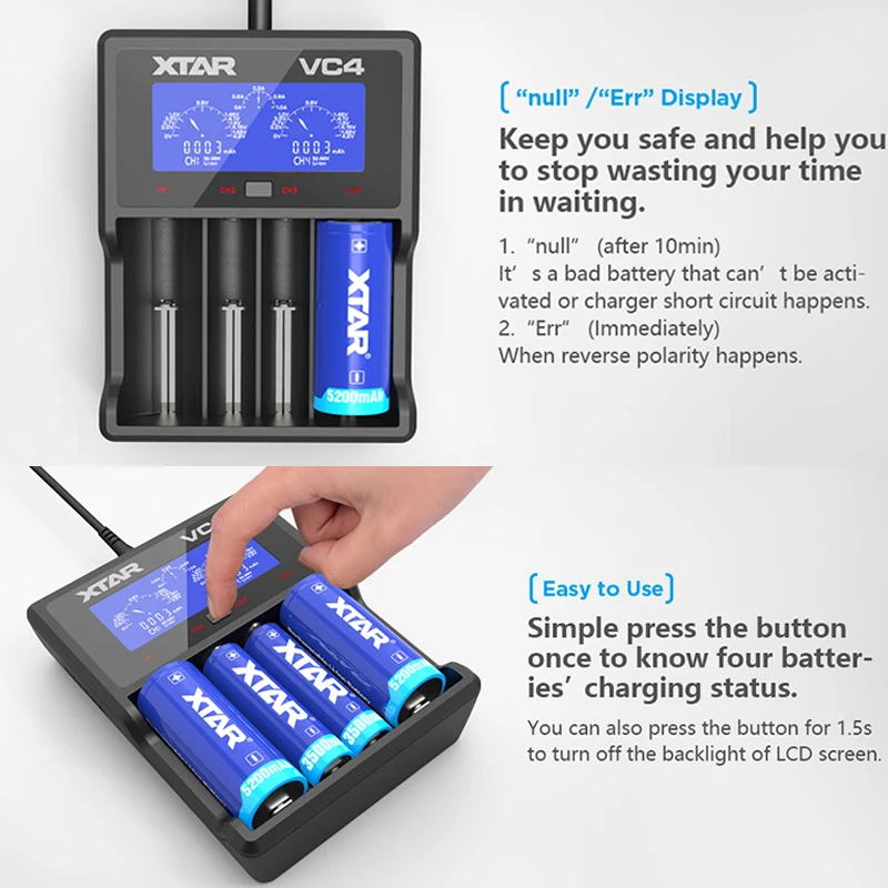 Новейшее зарядное устройство XTAR VC4S QC3.0 Быстрая зарядка 3,7 V 1,2 V AA AAA Micro USB зарядное устройство 18650 зарядное устройство VS XTAR VC4 зарядное устройство