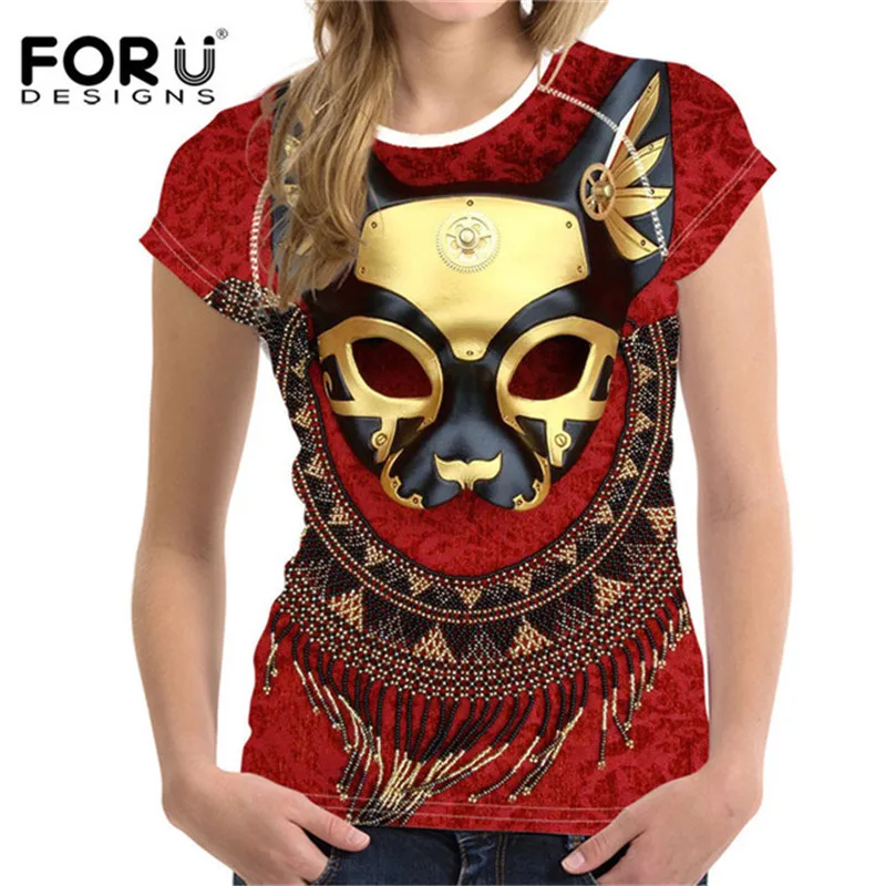 FORUDESIGNS/, женская футболка с 3D принтом кота сфинкса, футболка с круглым вырезом и коротким рукавом в стиле панк, египетский кот, футболка для бодибилдинга, Футболка Harajuku