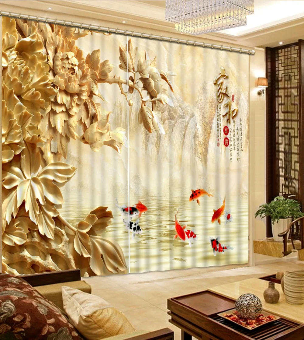 

High Quality Customize size Modern Home Decor Living Room Natural Art relief flower fish custom curtain window curtains