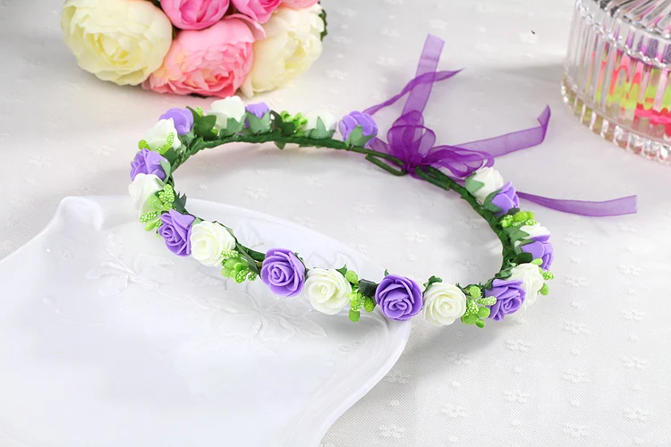 Purple with ivory Высокое качество Свадебные девушки венок Цветок Цветочные короны для женщин голова Роза диадема гирлянда Мори девушка серии - Цвет: Purple with ivory
