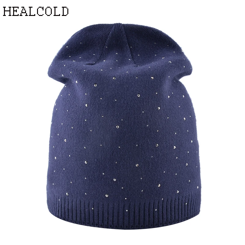 

2018 New Fashion Diamond Decorative Beanies Hat Wool Winter Ladies Hat Woman Warm Skullies Soft Cap Slouchy Female Rhinestone