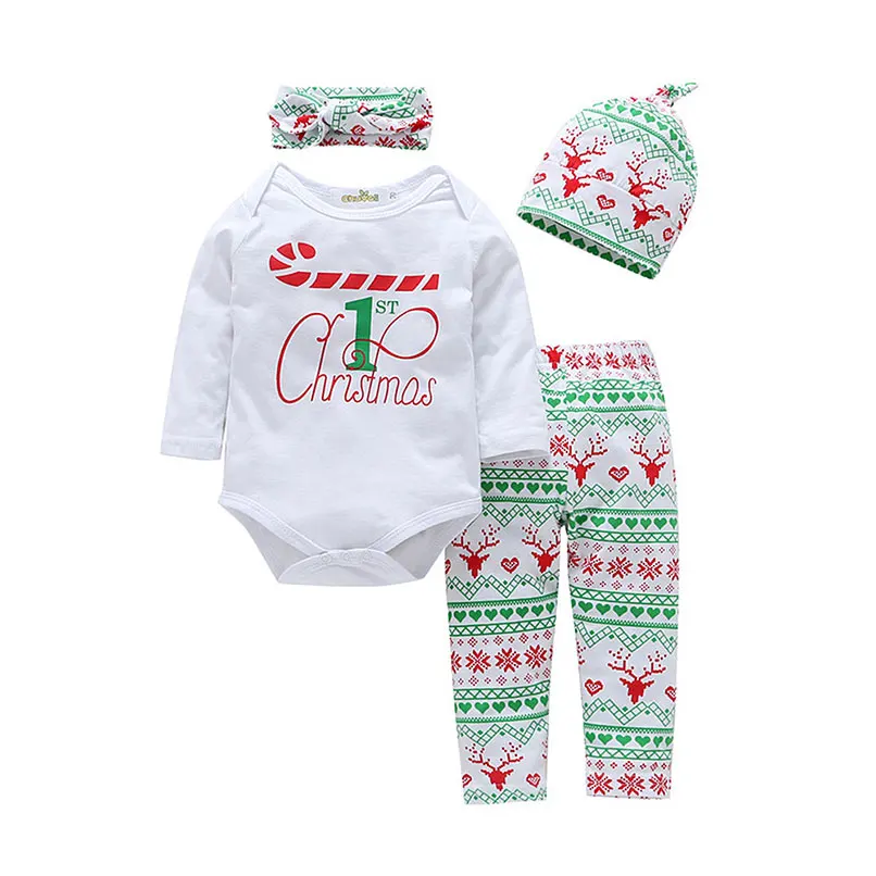 

Baby Soft Cotton Clothes Set 4 Piece Long Sleeve Romper Top Print Long Pants Headband Hat Outfit Set Toddler Clothing Play Mats
