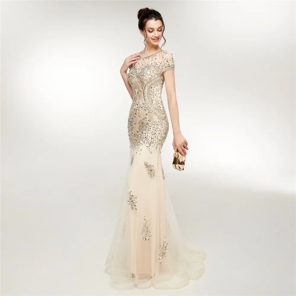 Новинка 2019 года. Длинные вечерние платья с коротким рукавом и шлейфом Украшенные