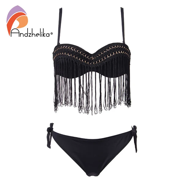 Black Andzhelika bikini женский купальник бикини с бахромой и пуш апп эффектом AK85081-1 - Цвет: Black