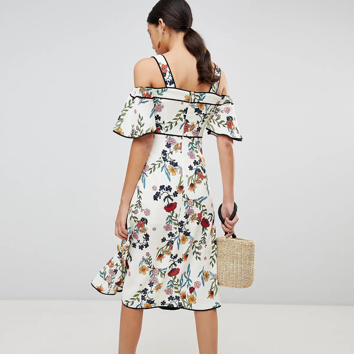 Платье макси с открытыми плечами цветочным принтом и рукавом бабочкой|Женские