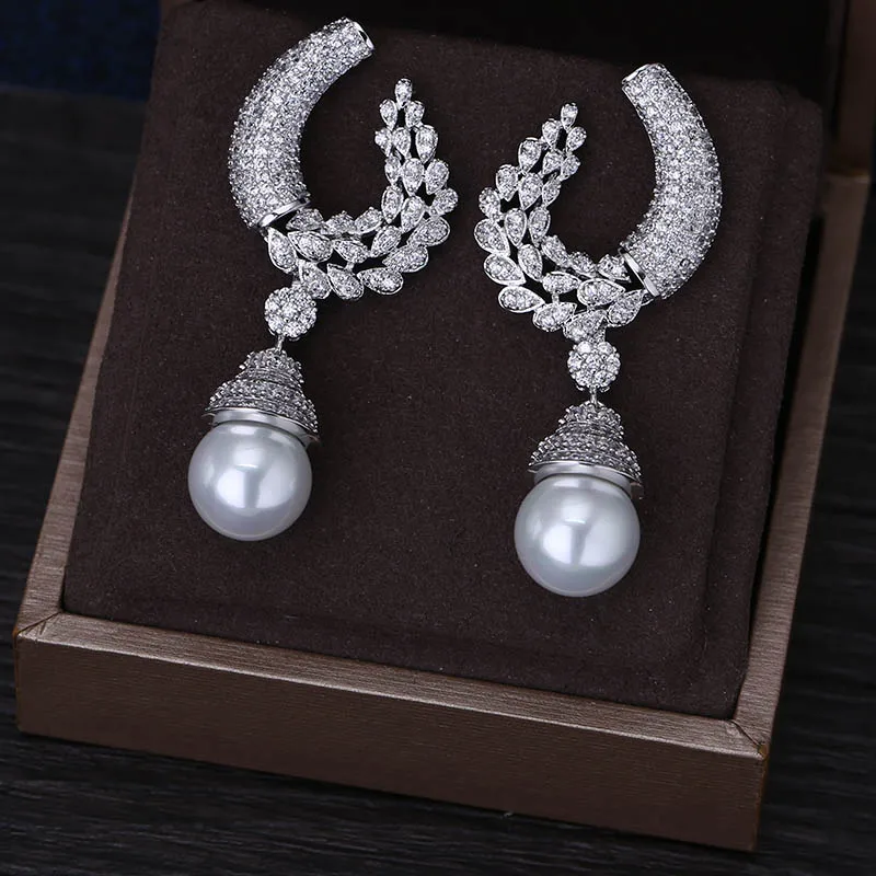 Новый Дизайн Роскошный топ micro pave жемчужные серьги из циркона для женщин высокое