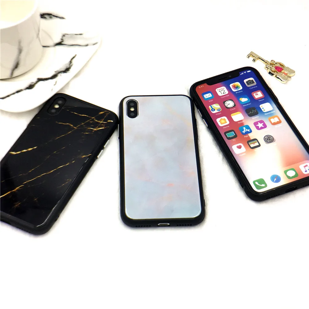 Стеклянный чехол для iphone 7 plus телефона Модный под мрамор черный белый розовый