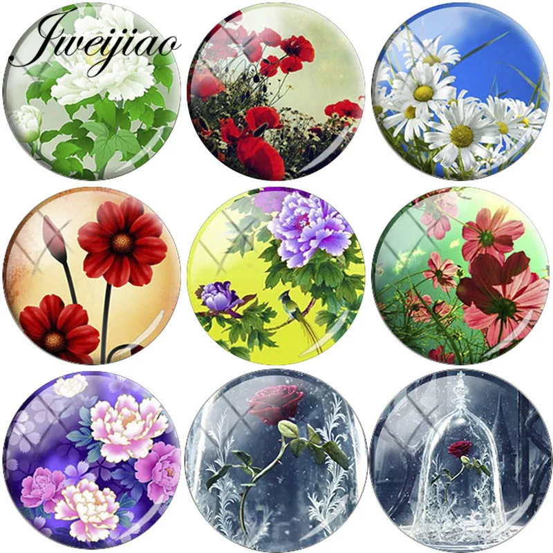 

JWEIJIAO Beautiful Colorful Flower Art Picture DIY Glass Cabochon Dome Rose Flowers For Keychain Necklace Earring Accesories