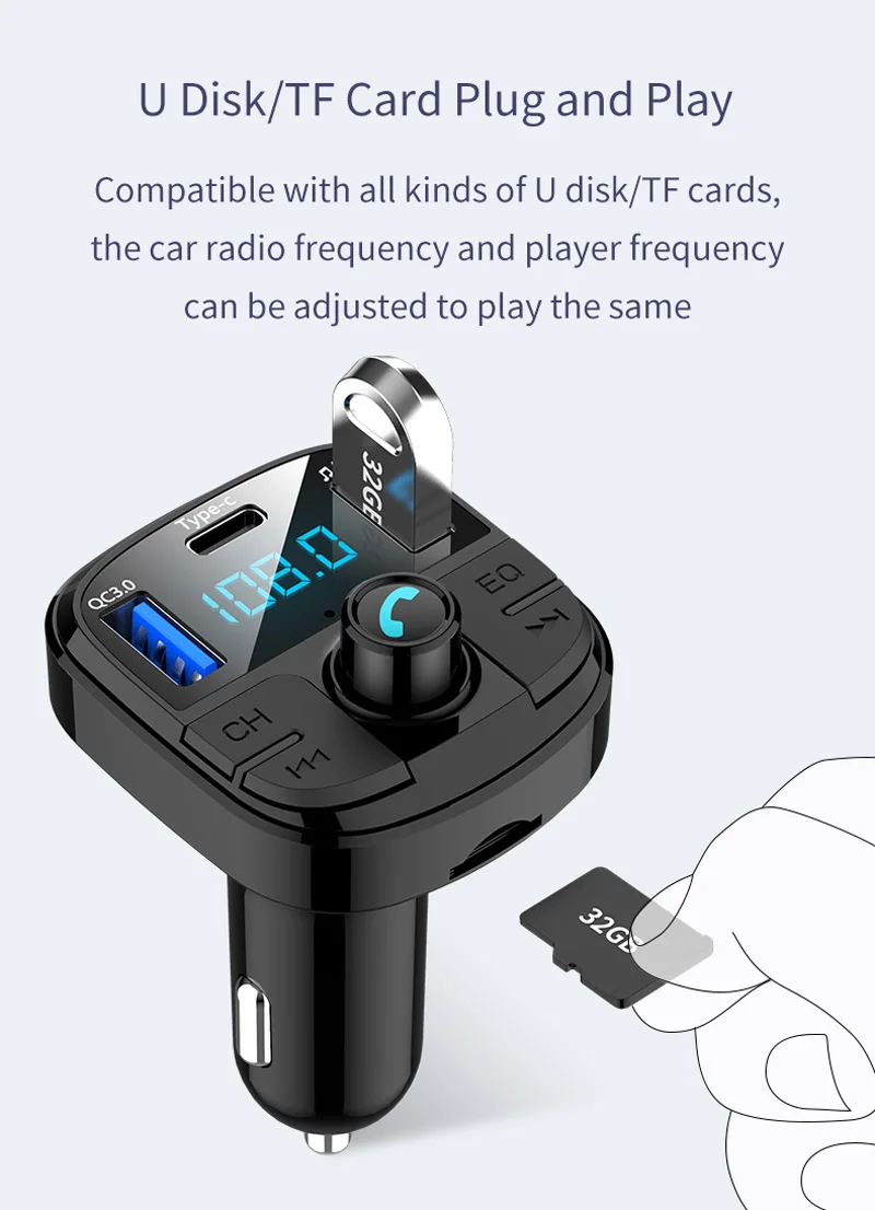 Автомобильное зарядное устройство Tikigogo QC3.0 с функцией быстрой зарядки 3 USB Bluetooth