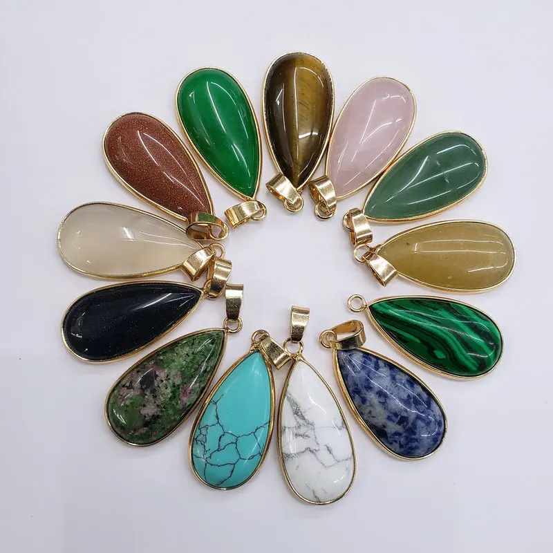 

Wholesale 10pcs/lot 2019 high quality mixed natural stones gold side Water drop shape pendants for jewelry making