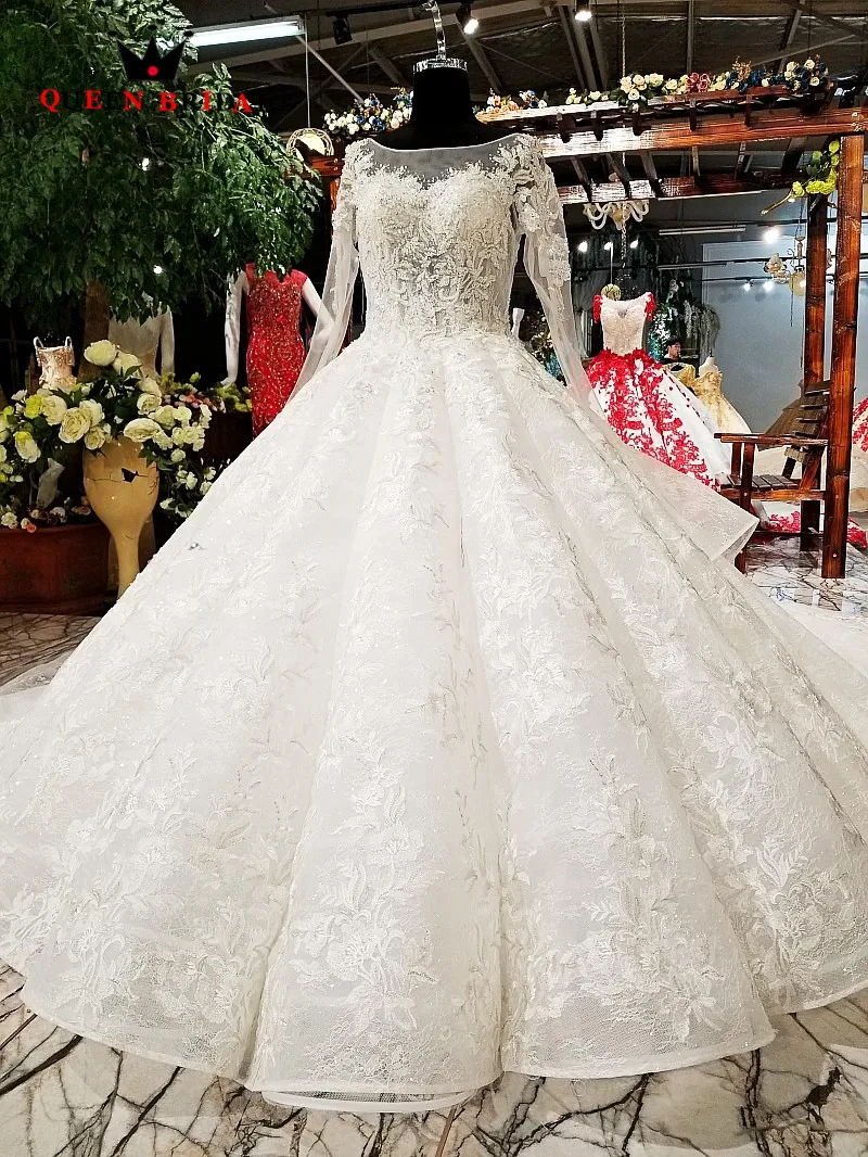 Real Sample Ball Gown Full Sleeves Appliques Lace vestido de noiva QUEEN BRIDAL Elegant Wedding Dresses robe de mariee WD111