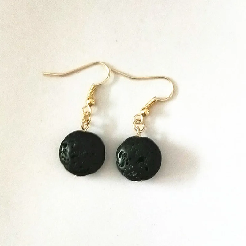 Flat Round Black Lava Stone Bead Aromatherapy Earrings DIY Essential Oil Diffuser Earrings Gold Silver Jewelry