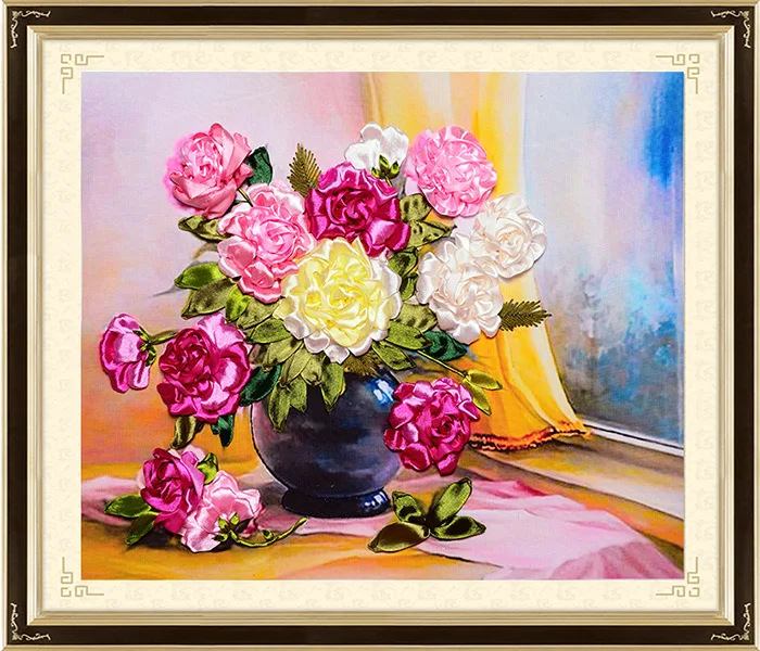 

50x40cm 3D flower vase Ribbon embroidery set kit stain paiting handcraft kit DIY handmade needlework art home wall decor