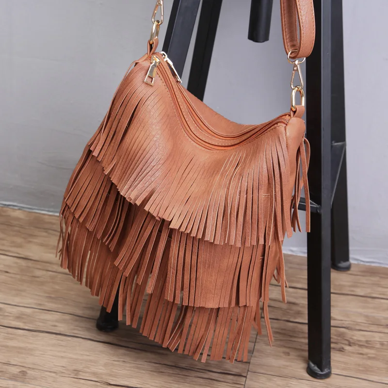 Модная Хиппи Бахрома Кисточкой Маленькая женская веганская кожаная сумка Бохо