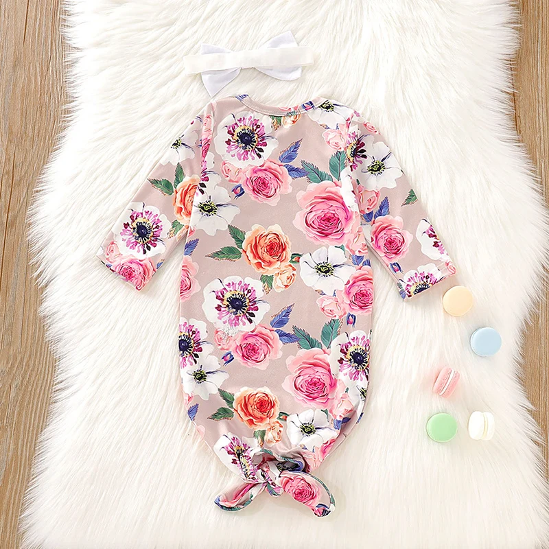 Милый новорожденный малыш хлопок длинный рукав цветочный принт унисекс Bebe мальчик девочки Боди с головной убор ребенок спальный мешок D20