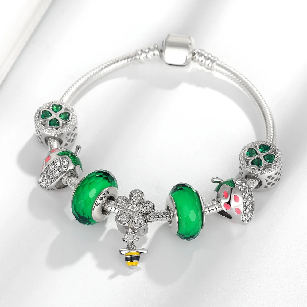 STEP FORWARD 100% 925 Sterling Silver Cute Bee Green Strawberry Clover Charms Bracelet &amp Bangle for Women Jewelry WLB029 | Украшения и