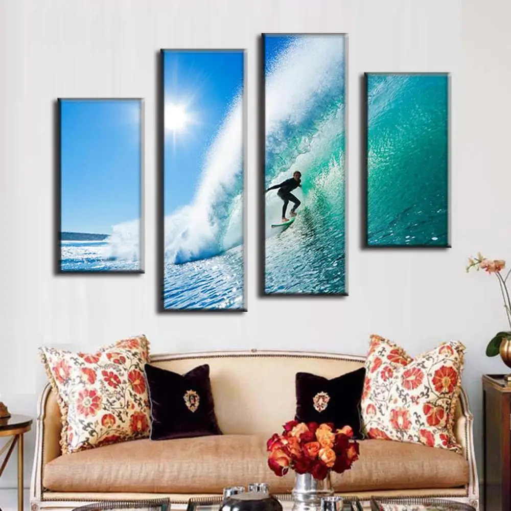 2017 4 панели Современный Морской пейзаж Холст принты серфинг на Гавайских стенах