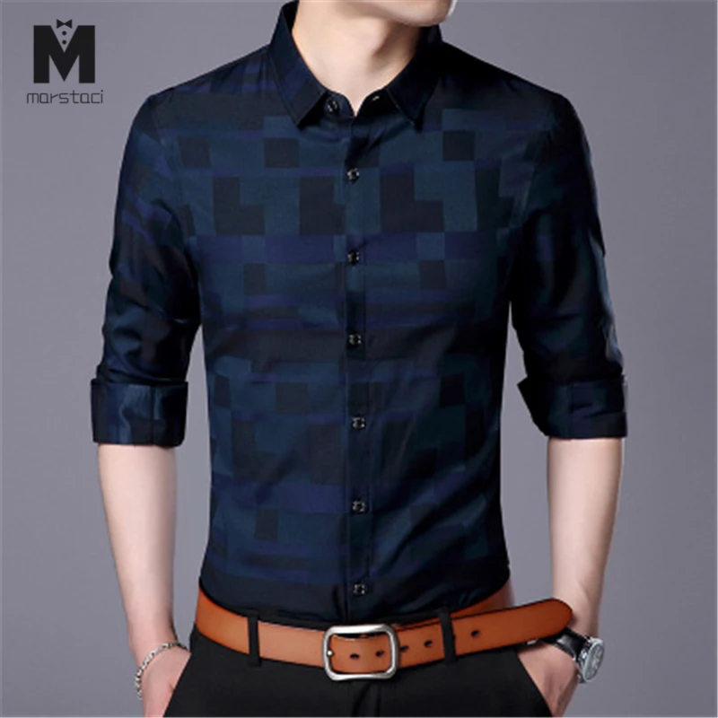 Мужская хлопковая рубашка в клетку Повседневная приталенная деловая с длинным