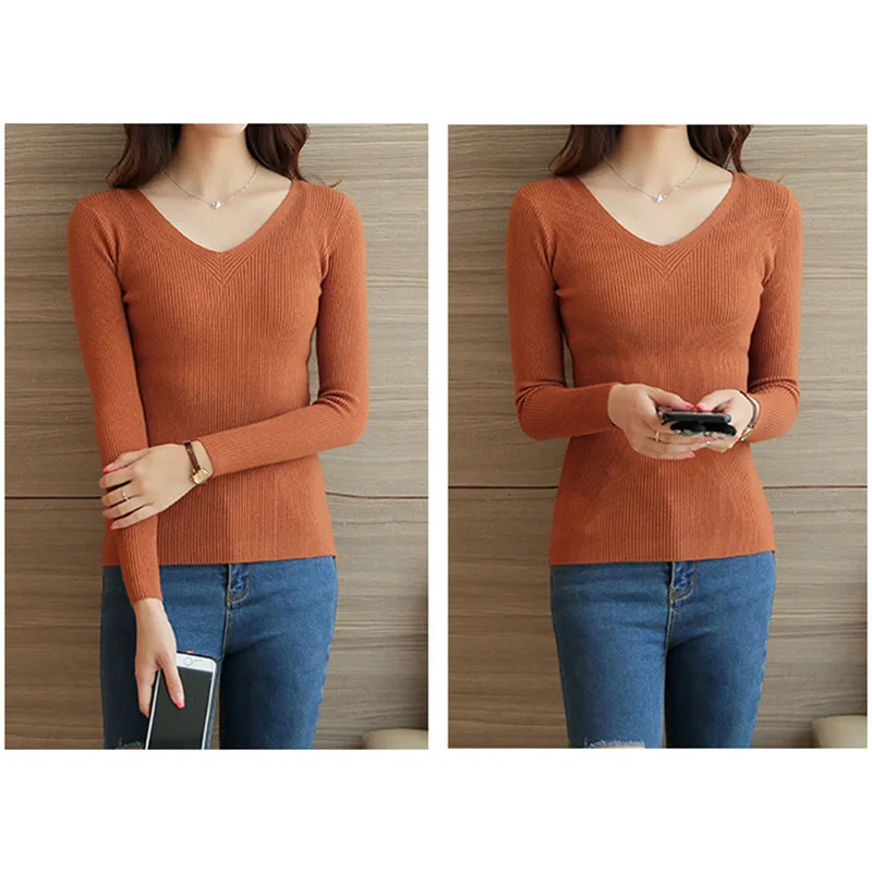 NEW Autumn Winter Sweater Women v-neck Tight Bottoming female Knitted Pullovers long sleeve cheap tops warm basic black | Женская одежда