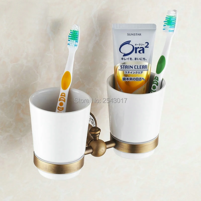 

Cup&Tumbler Holders Wall Mounted Antique Bronze Classic Double Ceramic Cup Holders Bathroom Porcelain Toothbrush Holder ZR2653