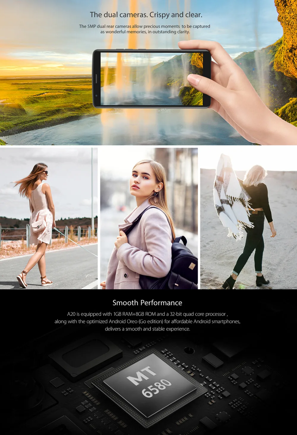 Blackview A20 смартфон 5,5 дюймов 18:9 Android Go двойная камера 1 ГБ 8 ГБ MT6580M 5MP 3g мобильный телефон