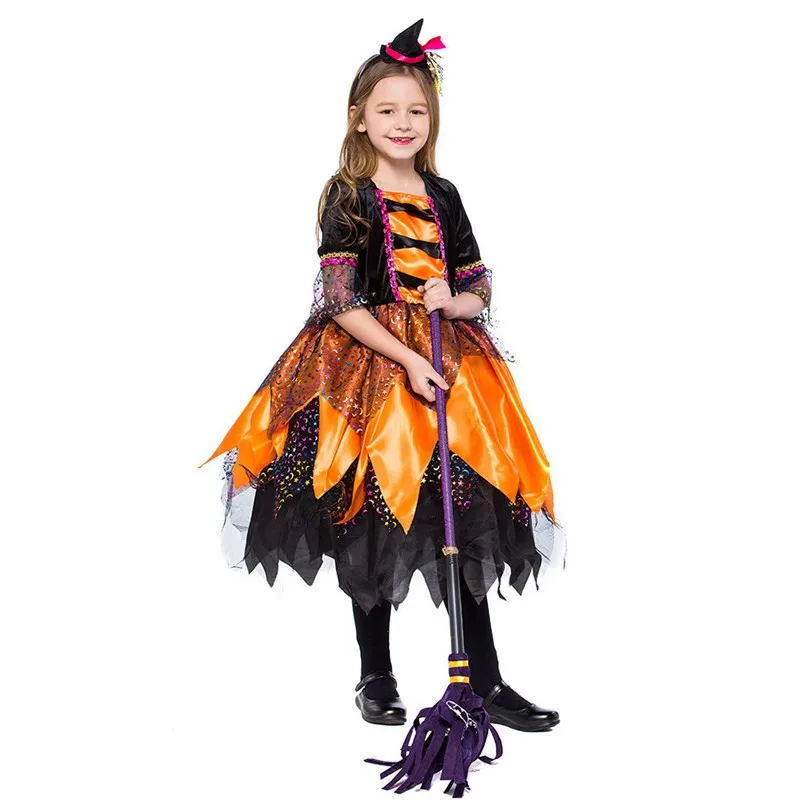 S-XL Girls Halloween Sorceress Costume for Children kids Magician Witch Cosplay Carnival Purim stage show Masquerade party dress |