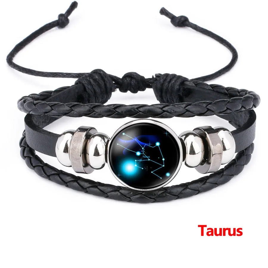Taurus 12 Созвездие ручной работы кожаные браслеты плетеный кожаный цепной браслет Бохо светящийся в темноте Шарм Браслет Зодиак Ювелирные изделия Подарки - Окраска металла: Taurus