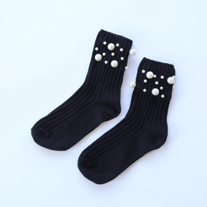 Black ZZIYEETTM/1 пара; сезон осень-зима; теплые хлопковые носки ручной работы для женщин и девочек; Модные Повседневные носки с жемчужинами и бусинами - Цвет: Black