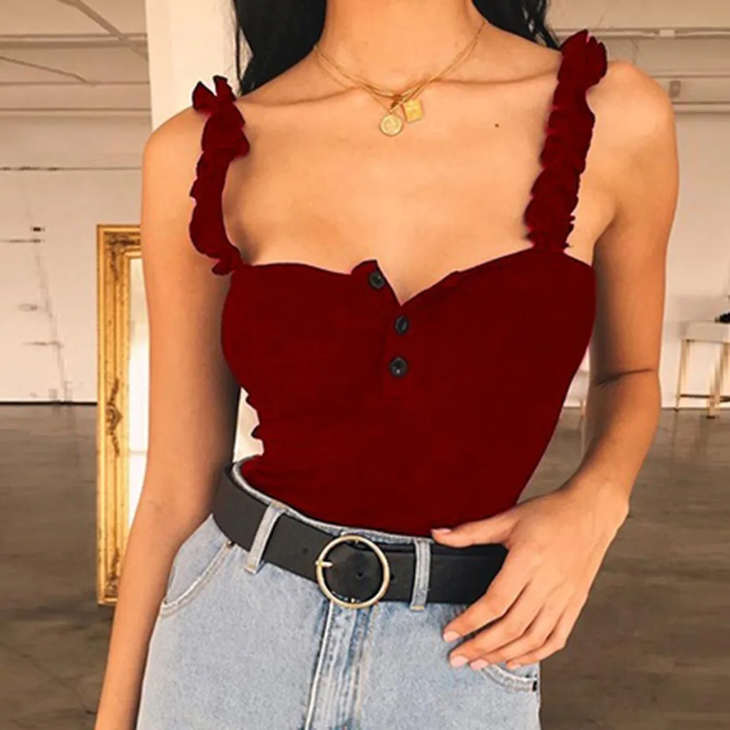 Wine Red Модные женские летние Топики, топы, одноцветные, на пуговицах, для девушек, сексуальный топ, с открытыми плечами, на бретельках, майка, футболка - Цвет: Wine Red