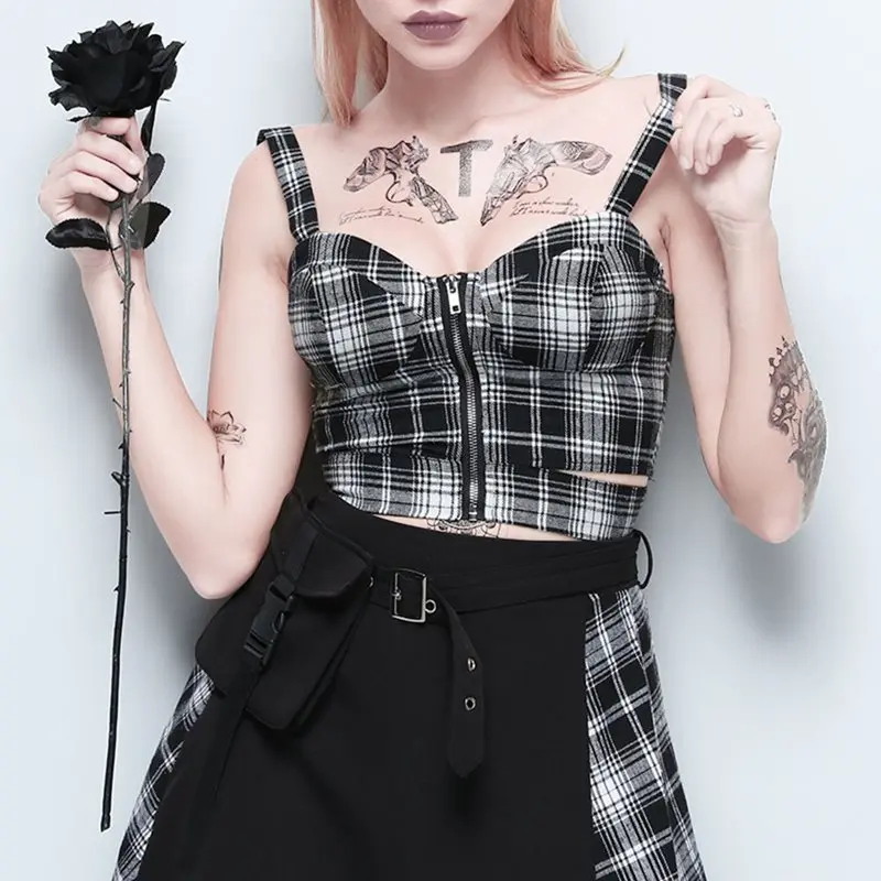 Клетчатые сексуальные женские майки Лето 2019 Винтаж молния панк Camisole девушка