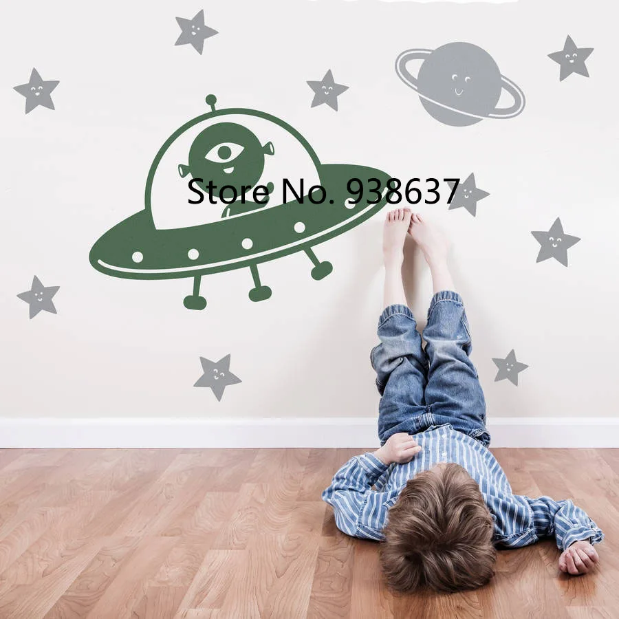 

Spaceship and Happy Star Wall Stickers Home Decor Kids Room Play Room Creative Decoration Vinyl Wall Decals Art Mural ZB412
