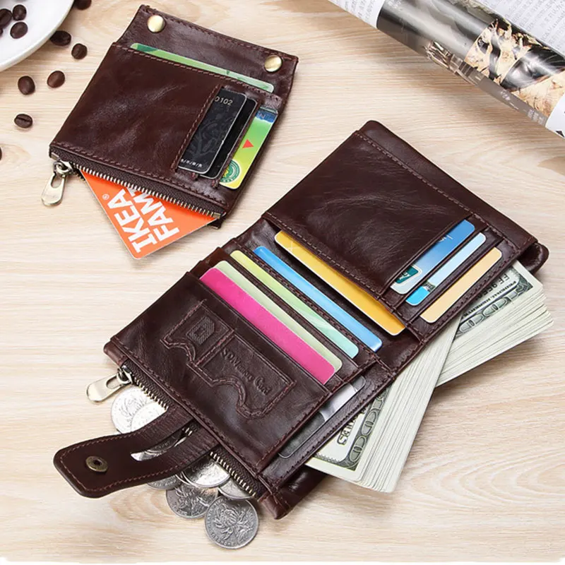 Vintage Men Leather Wallets Soft Genuine Leather Short Card Holder Chain Men Purse Brand Male wallet with Coin Pocket