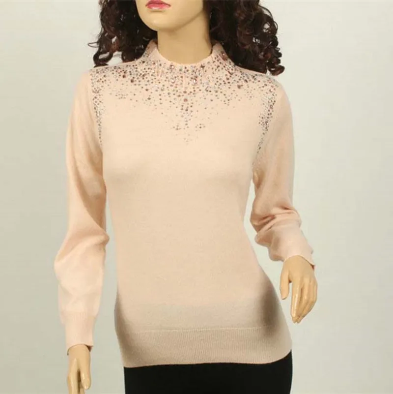 specials large size 100%goat cashmere women's basics sweater pullover half-high collar diamond sequins S-5XL | Женская одежда
