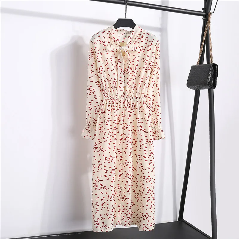 2019 New Spring Women Print Dresses Long Sleeve Chiffon Dress Casual High Waist Ruffles Flare | Женская одежда