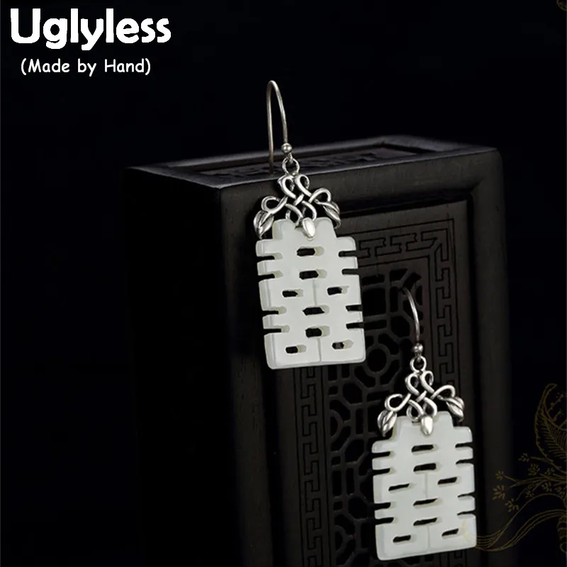 Серьги подвески из серебра 925 пробы с натуральным белым нефритовым лабиринтом