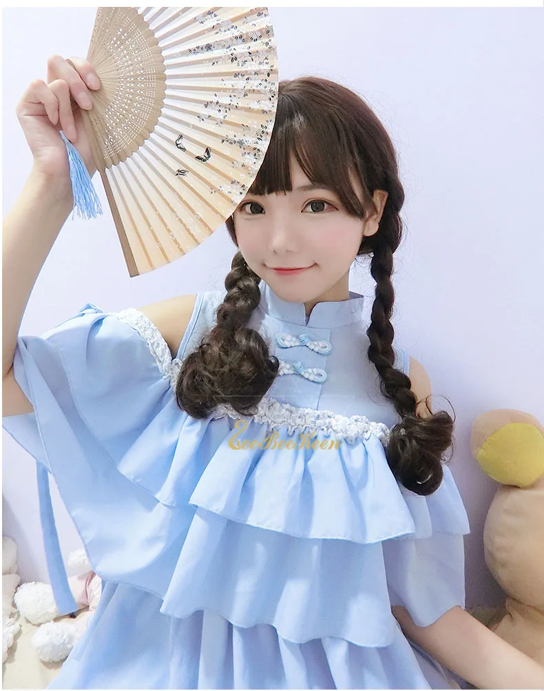 Голубое платье в стиле Лолиты для взрослых Hanfu для женщин, милый китайский костюм для девочек, шифоновая Милая юбка в стиле «лолита» с открытыми плечами в стиле «Хан Тан»