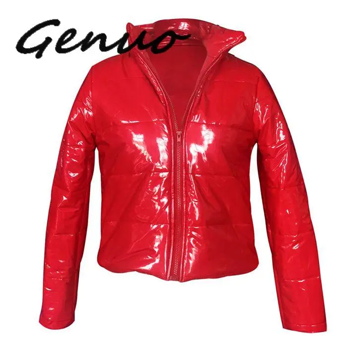 

Genuo New Winter Jacket Women Warm Clothes Slim Short Parka Zip Padded Jacket Outerwear PU Leather Long Sleeve Tops Bubble Coat