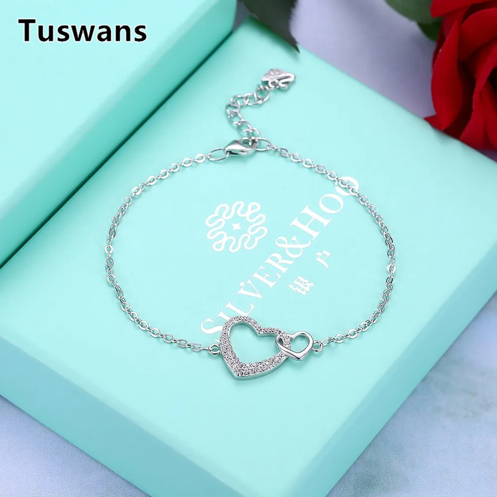 2018 Новая мода Женщины Чистое Серебро 925 Романтическое Сердце Любовь Кристалл Обаяние Браслеты Свадебные Пульсерас Изящные Ювелирные изделия.