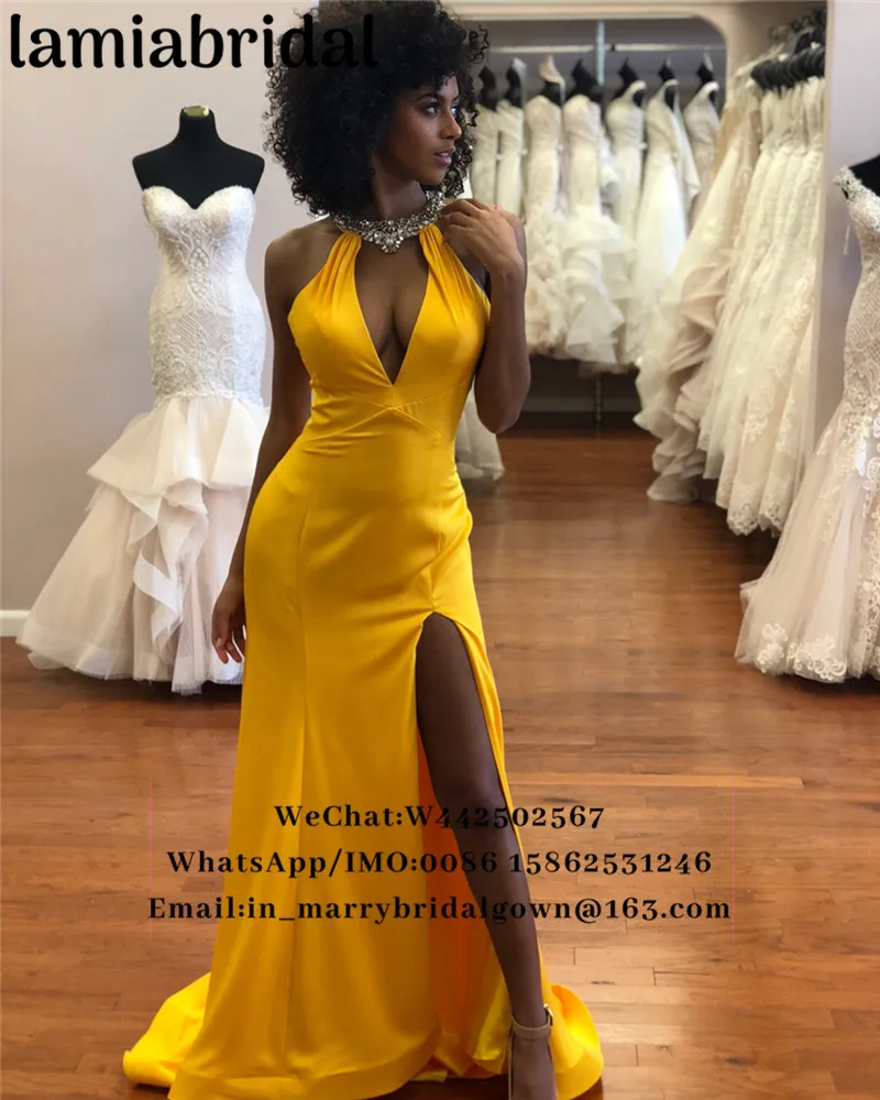 

Sexy Yellow Mermaid 2K19 Prom Dresses Plus Size Crystals Black Girls Formal Vestidos De Fiesta Largos 2019 Formal Evening Gowns