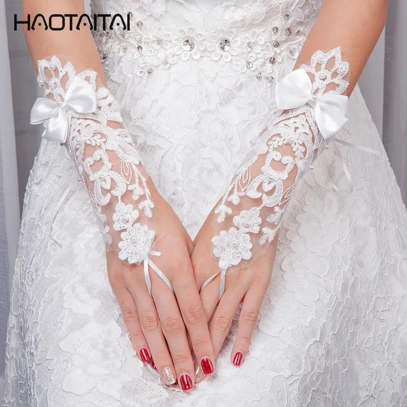 Bridal Glove Pearl Butterfly Tulle Short Wedding Gloves Lace Accessories Fingerless Appliqued 2018 | Свадьбы и торжества