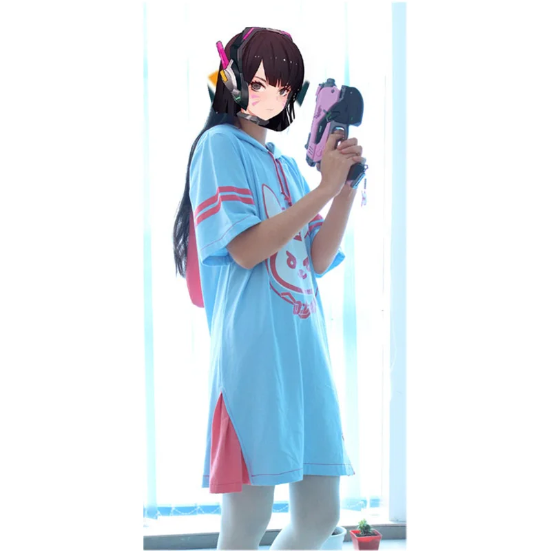 Kawaii D. va длинная Лоскутная футболка женская с капюшоном Dva футболка с капюшоном Женская Diva Hana Song с ушками D. va Пижама