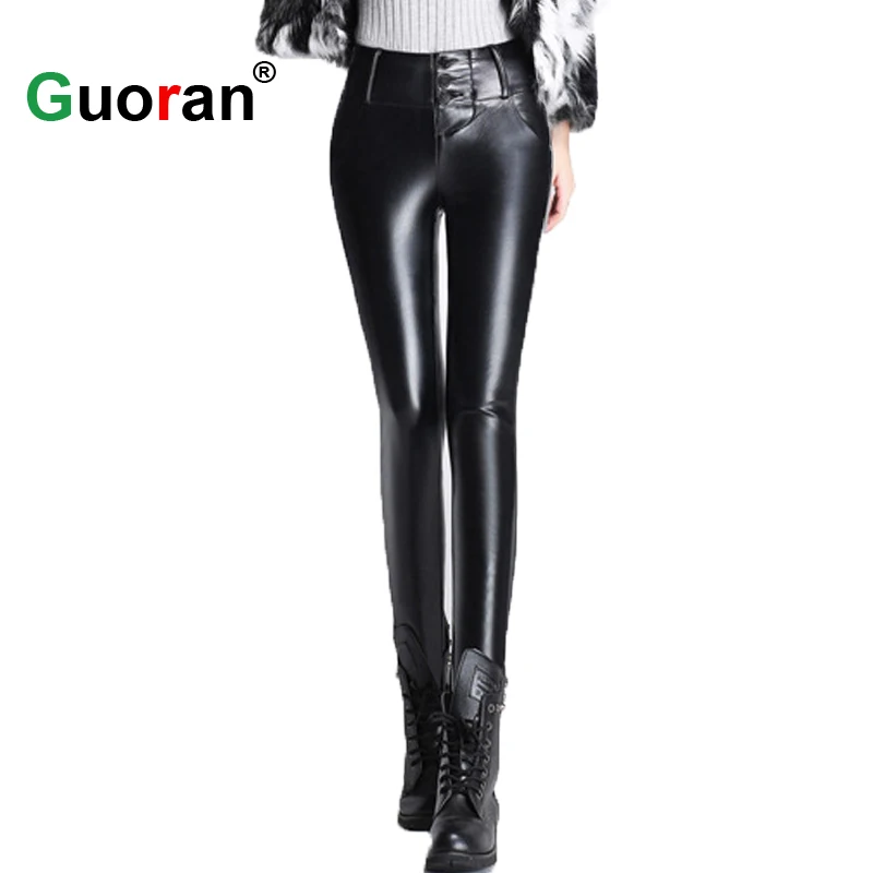{Guoran} Высокая талия стрейч женские обтягивающие из искусственной кожи