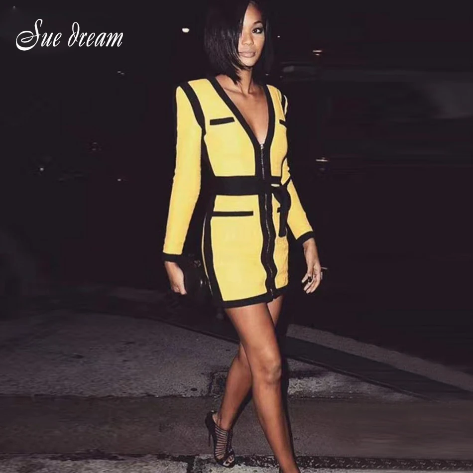 Женское Бандажное платье с длинным рукавом и глубоким треугольным вырезом